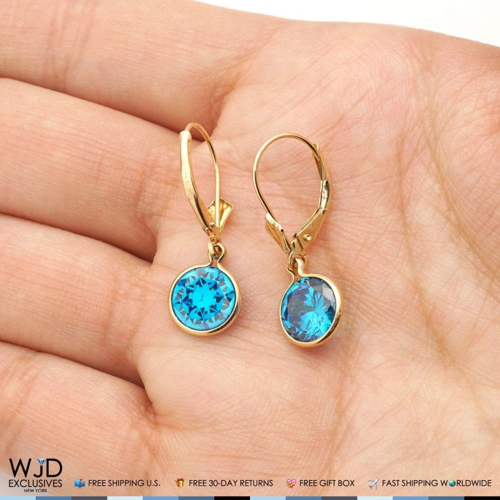 14K Solid Yellow Gold  Blue Topaz Leverback Dangle Earrings 1&quot;