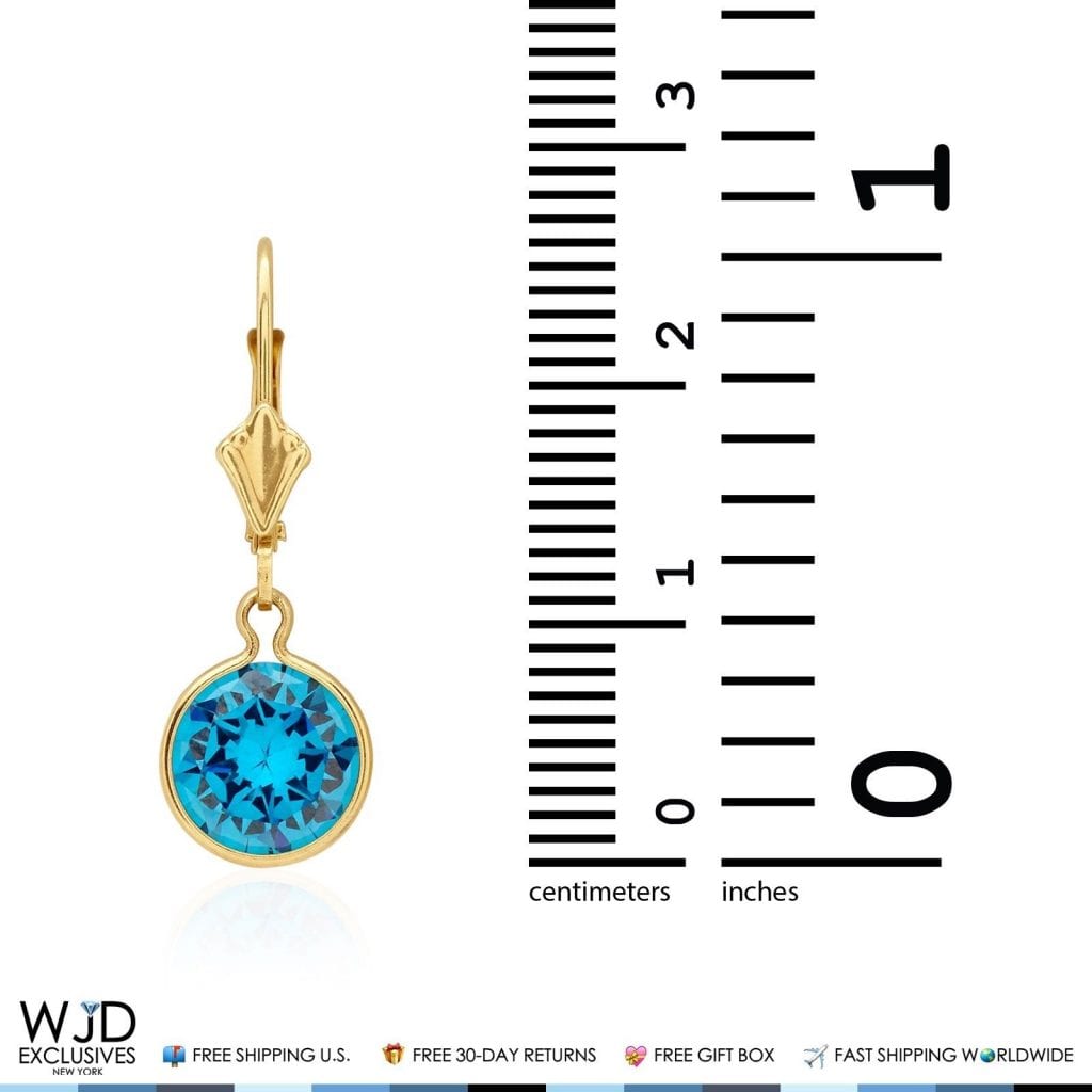 14K Solid Yellow Gold  Blue Topaz Leverback Dangle Earrings 1&quot;