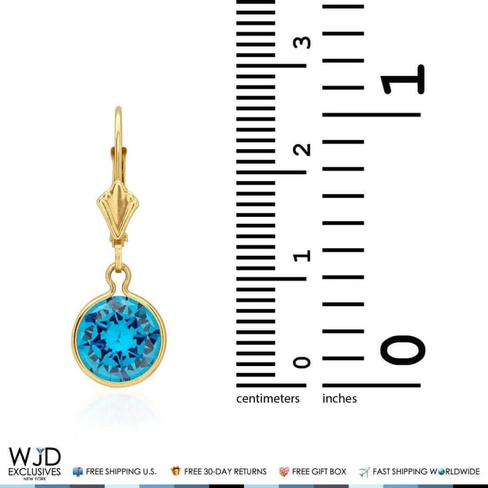14K Yellow Gold Blue Topaz Leverback Dangle Earrings 1"