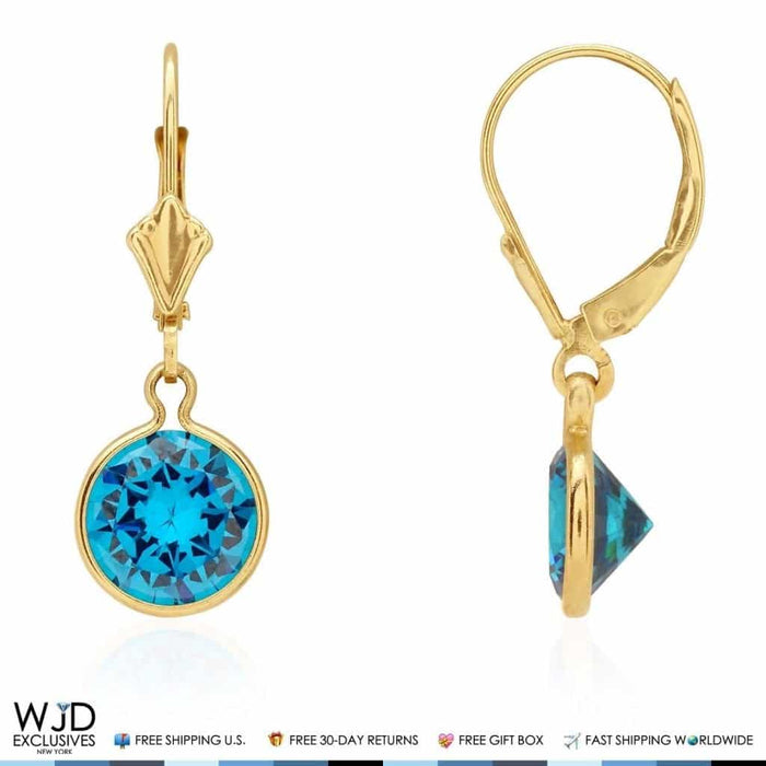 14K Yellow Gold Blue Topaz Leverback Dangle Earrings 1"