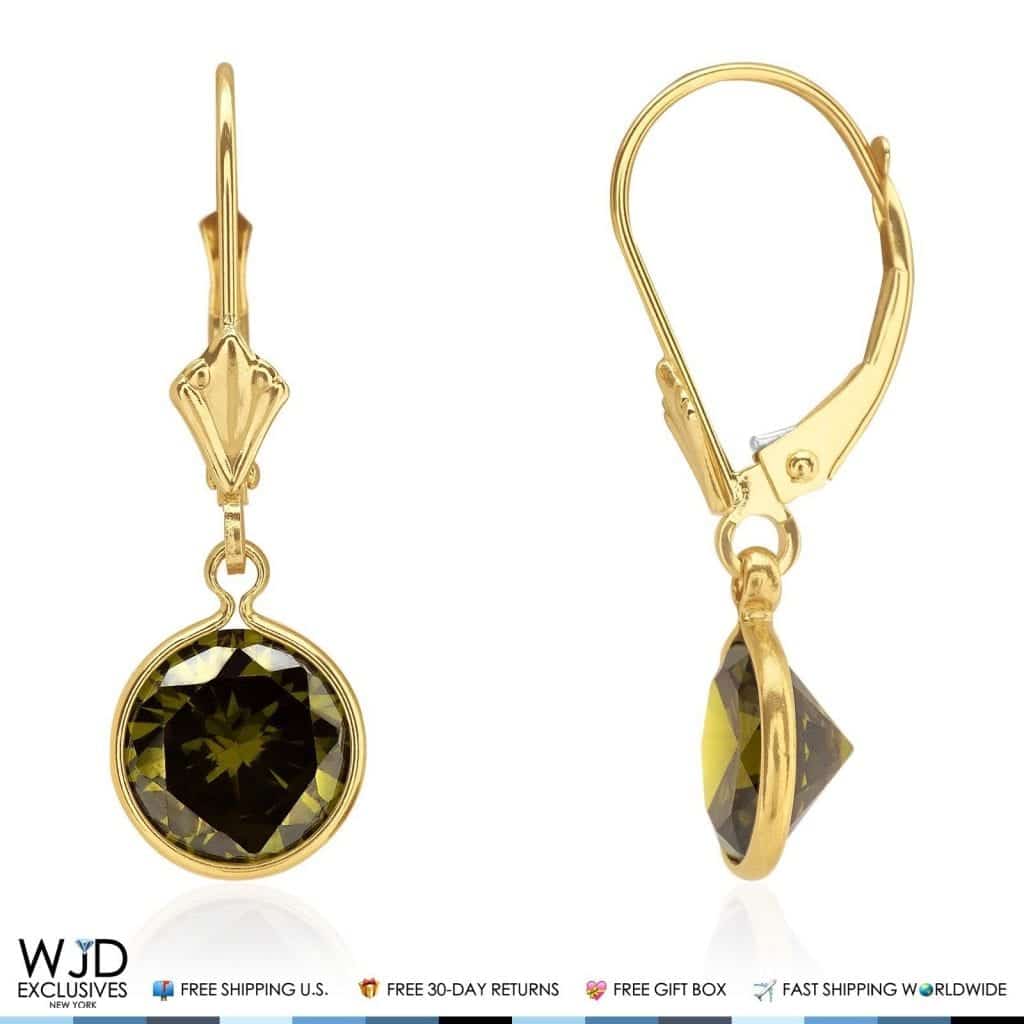 14k Yellow Gold Round Bezel Simulated Birthstone  Drop Leverback Earrings