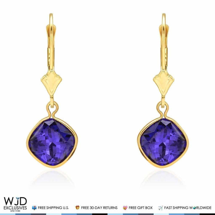 14K Yellow Gold Bezel Square Simulated Sapphire Leverback Dangle Earrings 1"