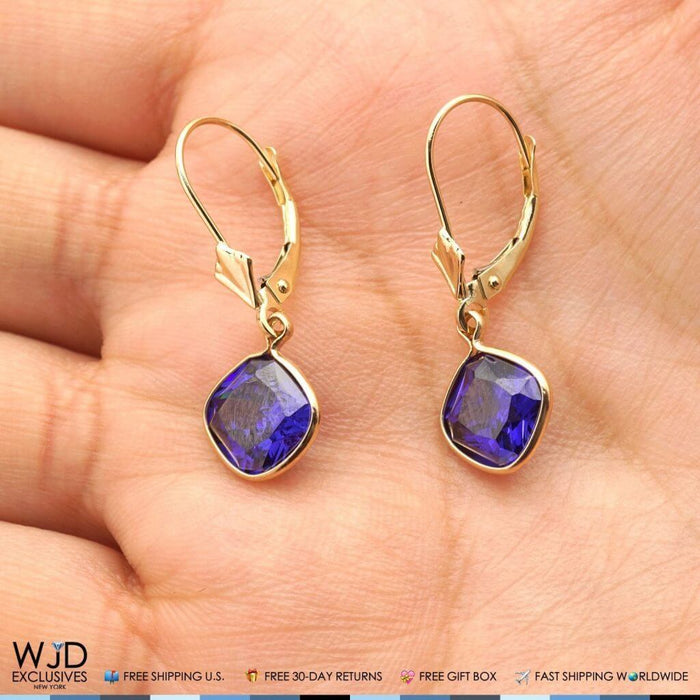 14K Yellow Gold Bezel Square Simulated Sapphire Leverback Dangle Earrings 1"