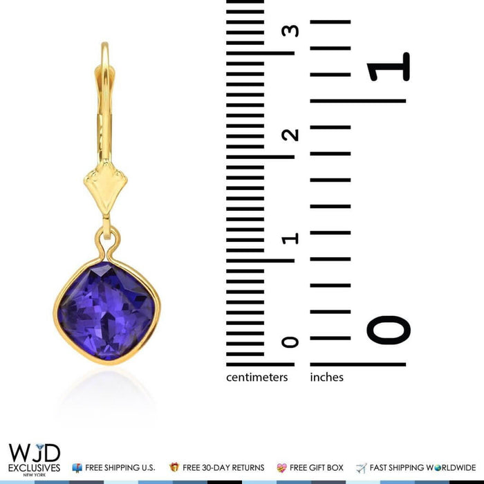 14K Yellow Gold Bezel Square Simulated Sapphire Leverback Dangle Earrings 1"