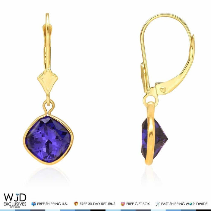 14K Yellow Gold Bezel Square Simulated Sapphire Leverback Dangle Earrings 1"