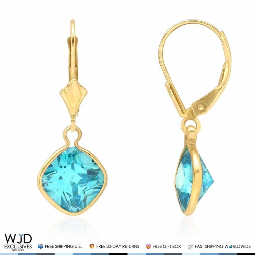 14k Yellow Gold Square Bezel Birthstone  Drop Leverback Earrings 1"