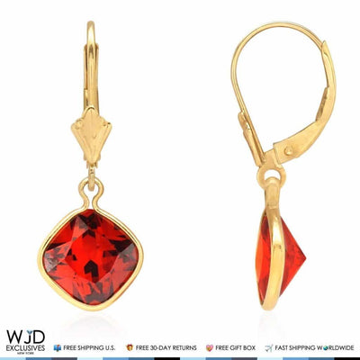 14k Yellow Gold Square Bezel Birthstone Drop Leverback Earrings 1"