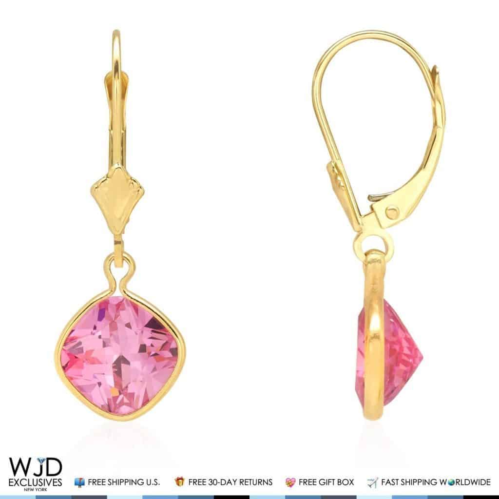 14k Yellow Gold Square Bezel Birthstone  Drop Leverback Earrings 1"