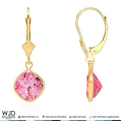 14k Yellow Gold Square Bezel Birthstone  Drop Leverback Earrings 1"
