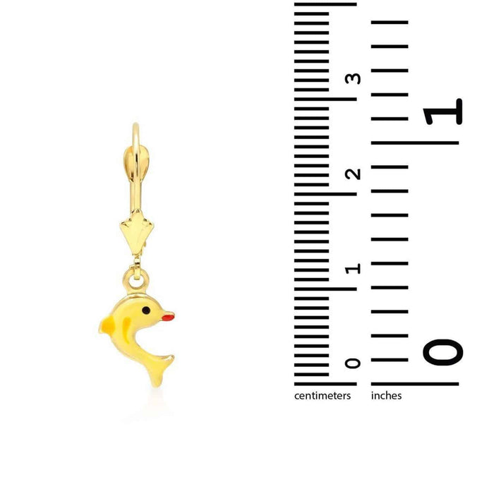 Kids 14K Yellow Gold Pink Purple Blue Green Enamel Dolphin Leverback Earrings
