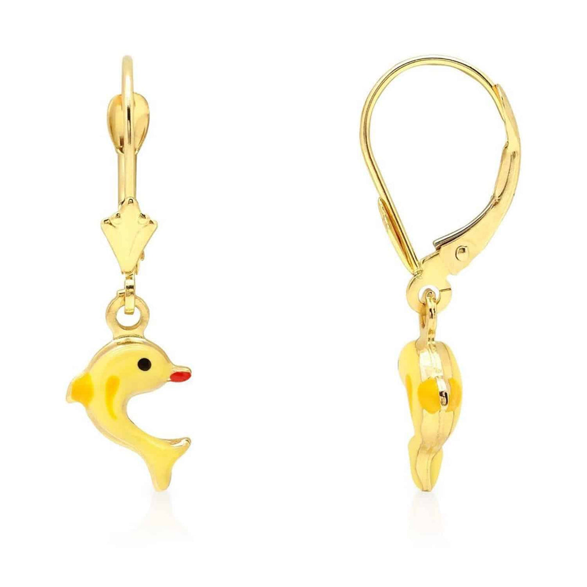 Kids 14K Yellow Gold Pink Purple Blue Green Enamel Dolphin Leverback Earrings