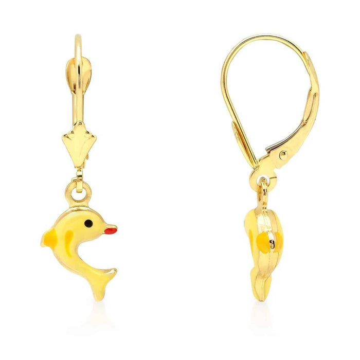 Kids 14K Yellow Gold Pink Purple Blue Green Enamel Dolphin Leverback Earrings