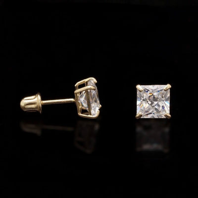 2Ct CZ Princess-Cut 14K Yellow Gold Stud Earrings Screw Back 6mm