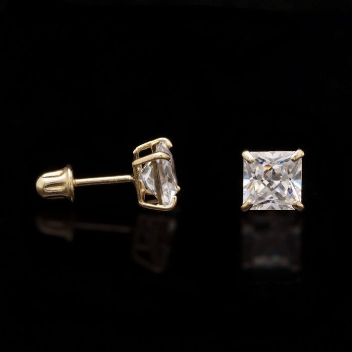 2Ct CZ Princess-Cut 14K Yellow Gold Stud Earrings Screw Back 6mm