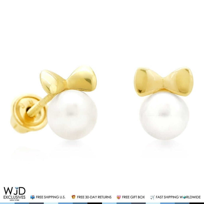 14K Yellow Gold Cultured Freshwater Pearl Bow-Tie Small Stud Earrings 6.5mm