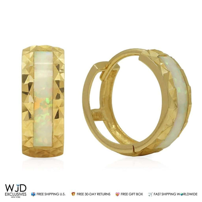 14K Yellow Gold Diamond-Cut 5mm White Opal Inlay Huggie Hoop Earrings