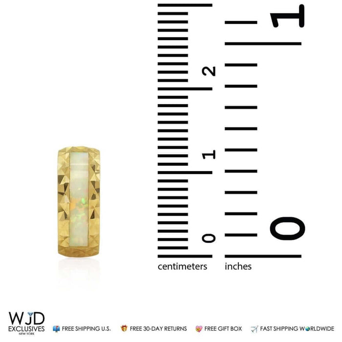 14K Yellow Gold Diamond-Cut 5mm White Opal Inlay Huggie Hoop Earrings