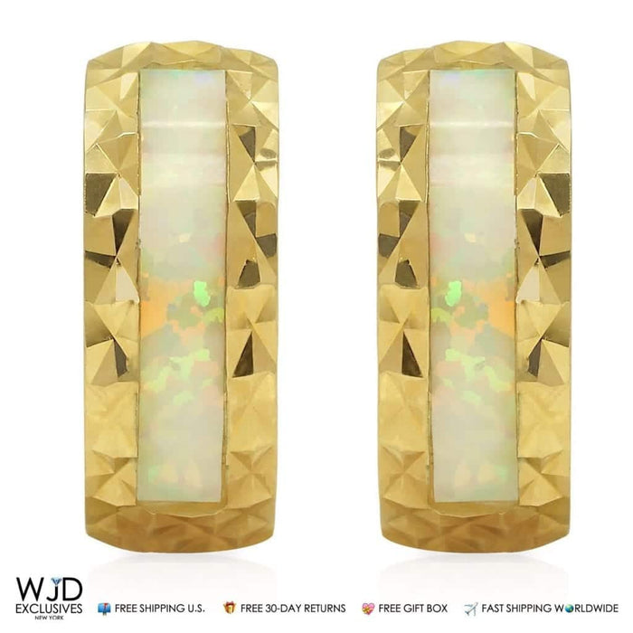 14K Yellow Gold Diamond-Cut 5mm Wide White Opal Inlay Huggie Hoop Earrings