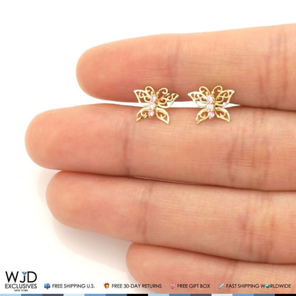 14K Yellow Gold Diamond Cut Pink Tourmaline Butterfly Screwback Stud Earrings