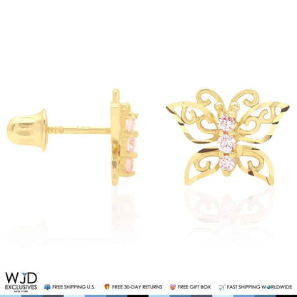 14K Yellow Gold Diamond Cut Pink Tourmaline Butterfly Screwback Stud Earrings