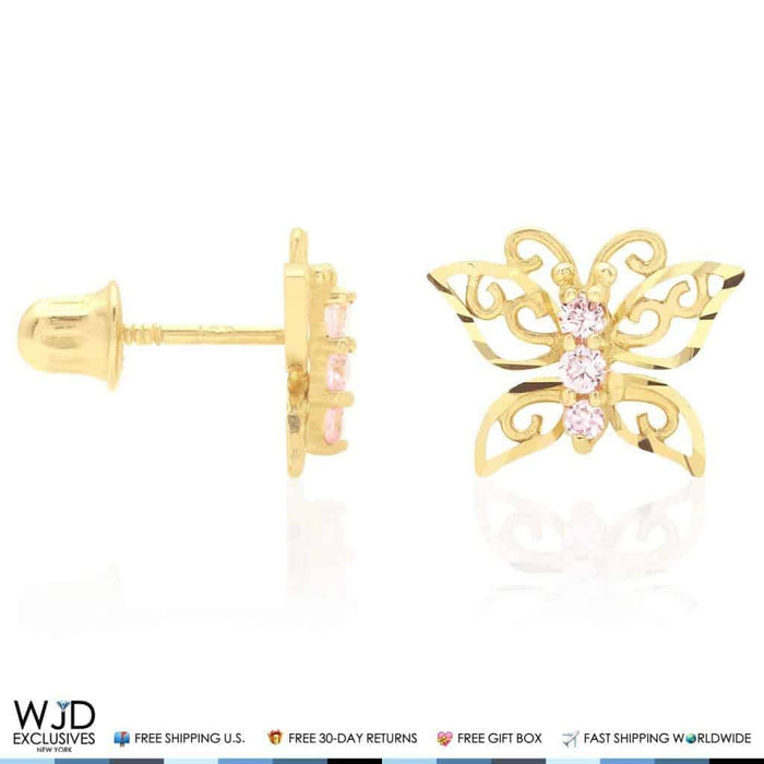 14K Yellow Gold Diamond-Cut Pink Tourmaline Butterfly Screw Back Stud Earrings