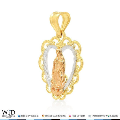 14K Yellow Gold Diamond Cut Tri-Color Guadalupe Heart Charm Pendant