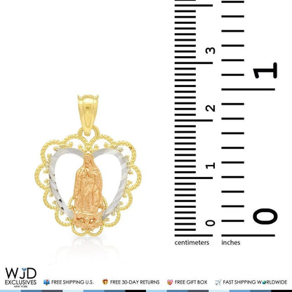 14K Yellow Gold Diamond Cut Tri-Color Guadalupe Heart Charm Pendant