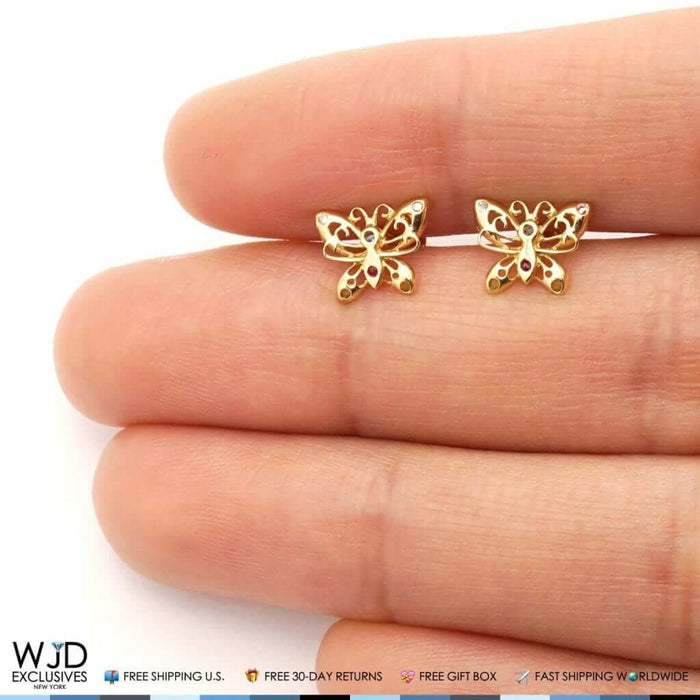 14K Yellow Gold Filigree Multicolor Gemstone Butterfly Screw Back Stud Earrings