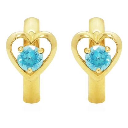 14K Yellow Gold Heart Shape Simulated Aquamarine Huggie Hoop Earrings 10mm