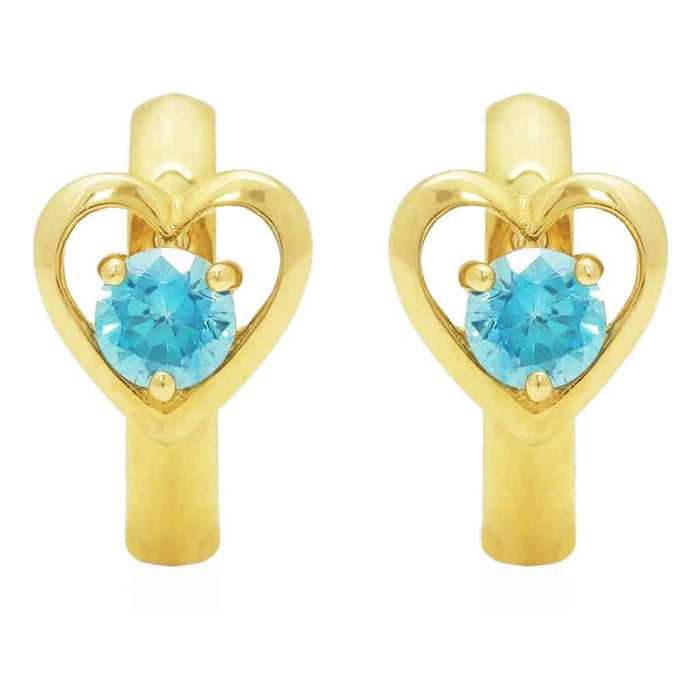 14K Yellow Gold Heart Shape Simulated Aquamarine Huggie Hoop Earrings 10mm