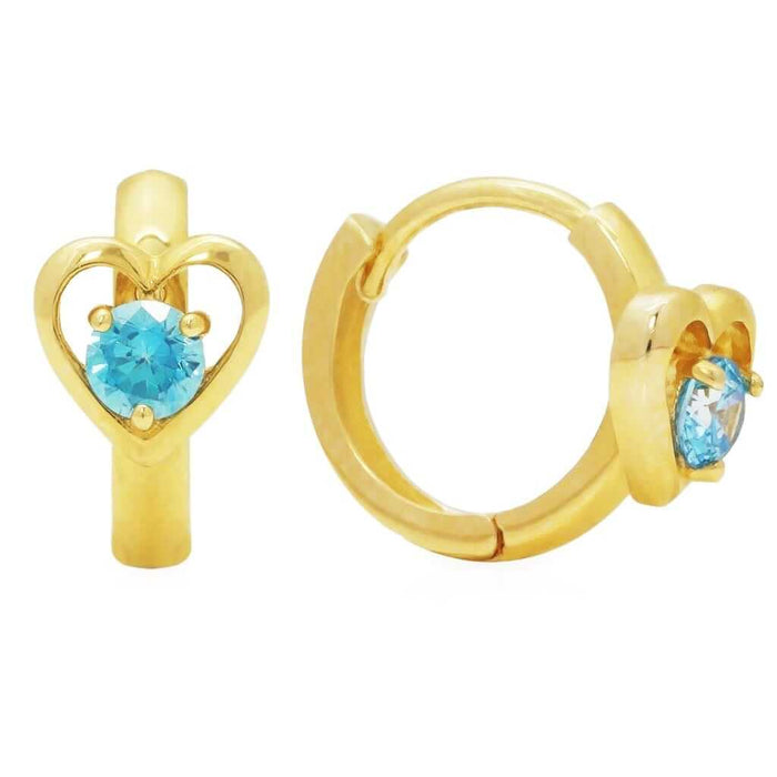 14K Yellow Gold Heart Shape Simulated Aquamarine Huggie Hoop Earrings 10mm
