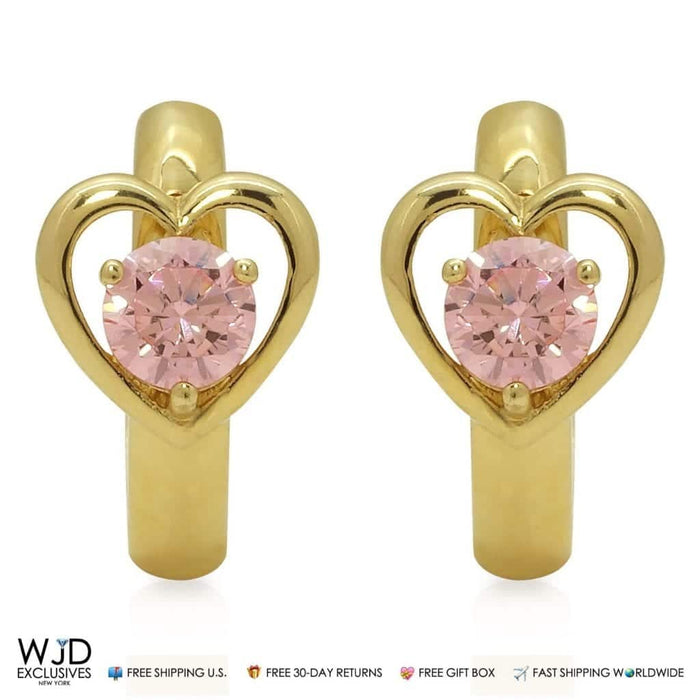 14K Yellow Gold Heart Shape Pink Tourmaline 10mm Huggie Hoop Earrings