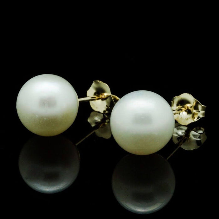 14K Yellow Gold Real Freshwater Cultured 6mm White Pearl Stud Earrings