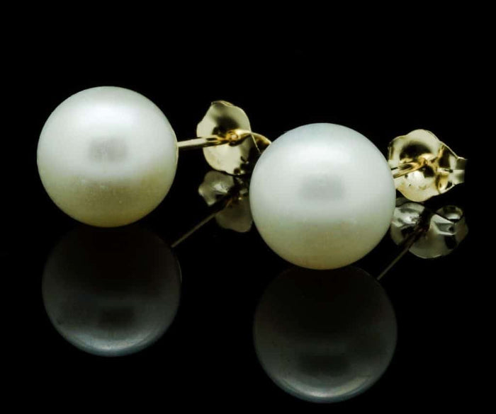 14K Yellow Gold Real Freshwater Cultured 7mm White Pearl Stud Earrings