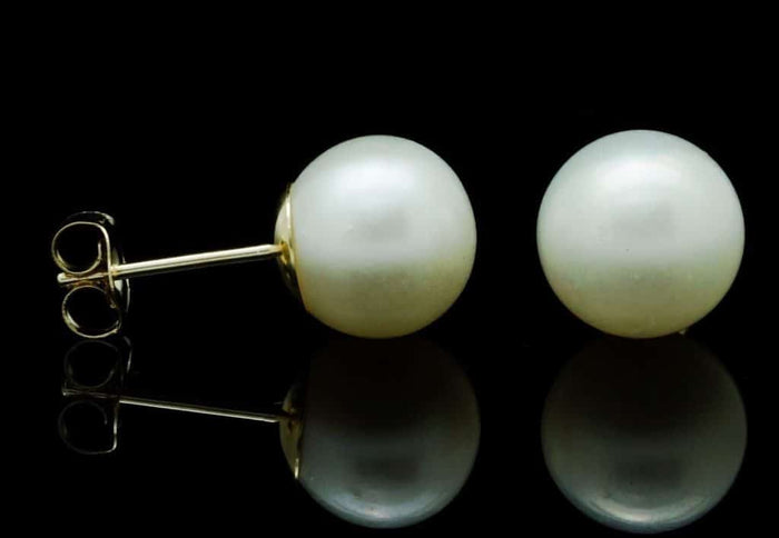 14K Yellow Gold Real Freshwater Cultured 7mm White Pearl Stud Earrings
