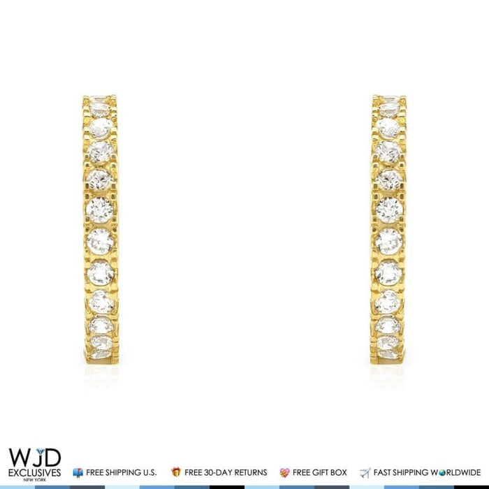14K Yellow Gold One Row 0.50Ct CZ Huggie Hoop Earrings 0.6"