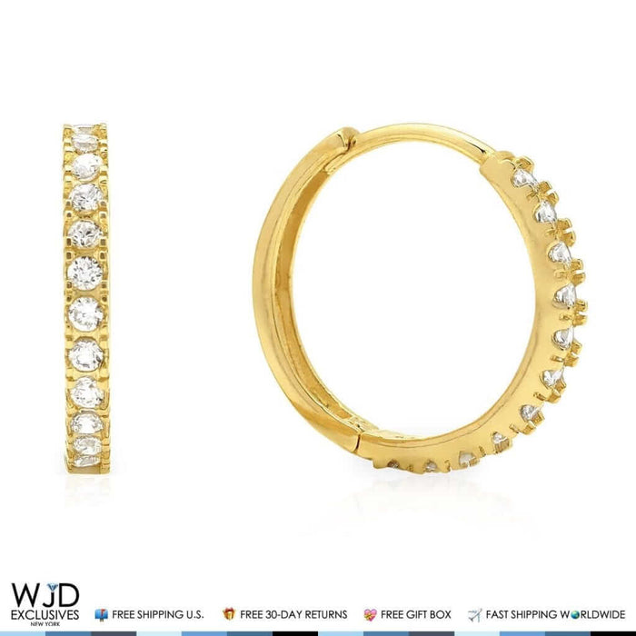 14K Yellow Gold One Row 0.50Ct CZ Huggie Hoop Earrings 0.6"