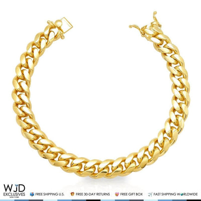 14K Gold Over Sterling Silver 10mm Miami Cuban Bracelet (Solid Links) 9"