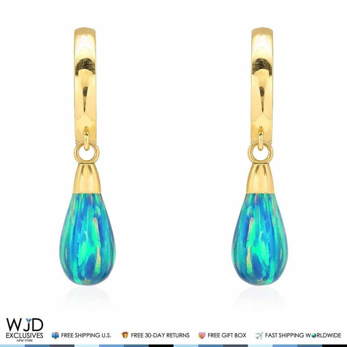 14K Yellow Gold Pear Shaped Blue Green Fire Opal Leverback Dangle Earrings 1"