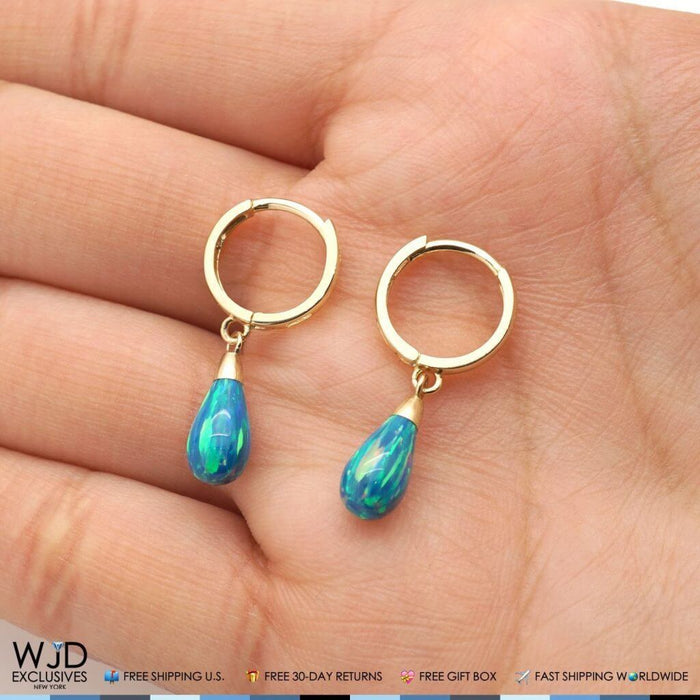 14K Yellow Gold Pear Shaped Blue Green Fire Opal Leverback Dangle Earrings 1"
