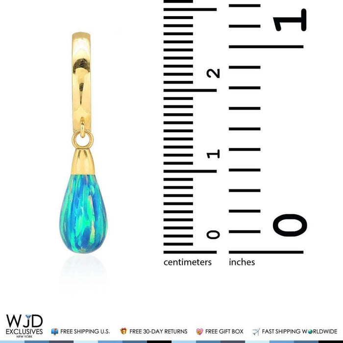 14K Yellow Gold Pear Shaped Blue Green Fire Opal Leverback Dangle Earrings 1"