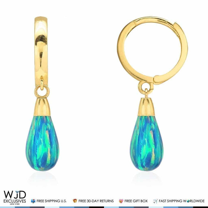 14K Yellow Gold Pear Shaped Blue Green Fire Opal Leverback Dangle Earrings 1"