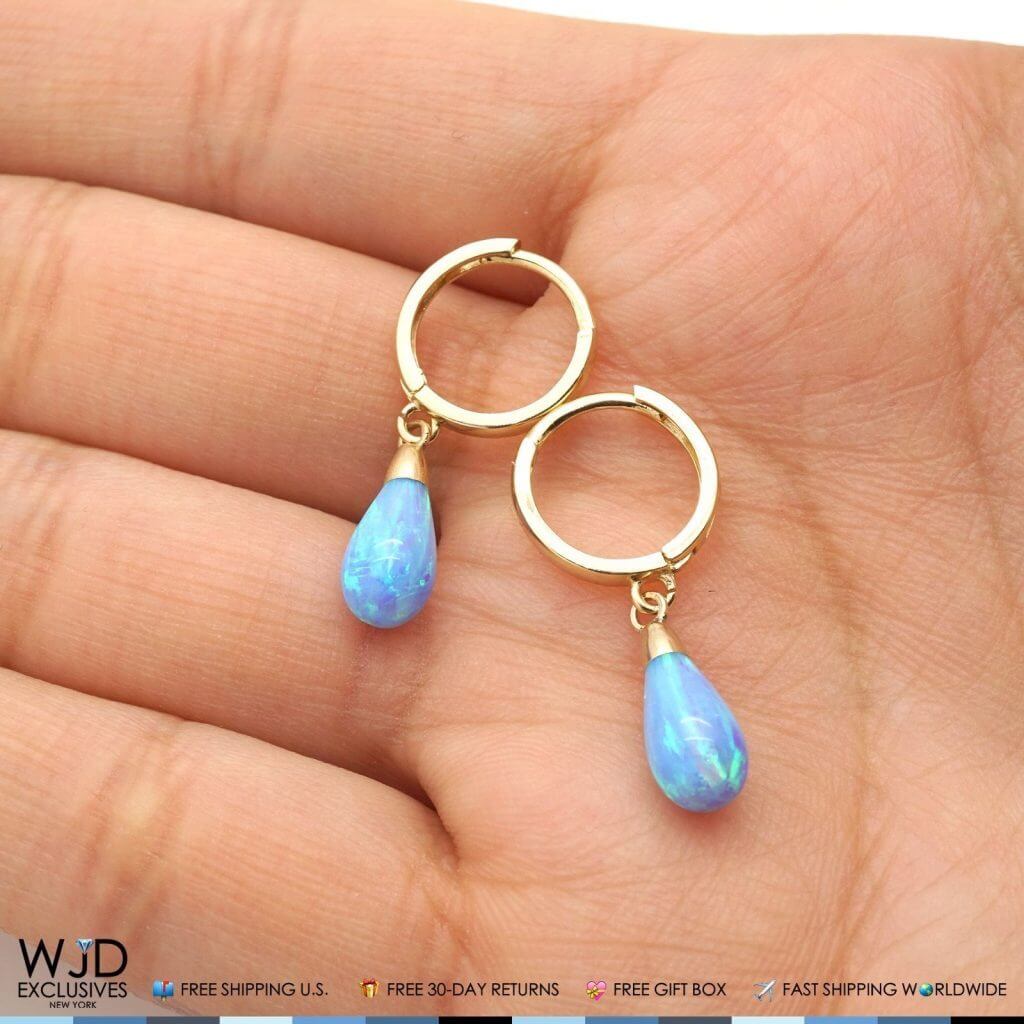 14K Yellow Gold Pear Shaped Sky Blue Fire Opal Huggie Hoop Dangle Earrings 1"