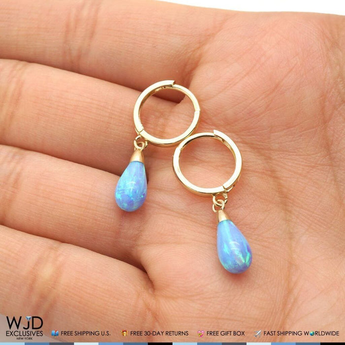 14K Yellow Gold Pear Shaped Sky Blue Fire Opal Huggie Hoop Dangle Earrings 1"