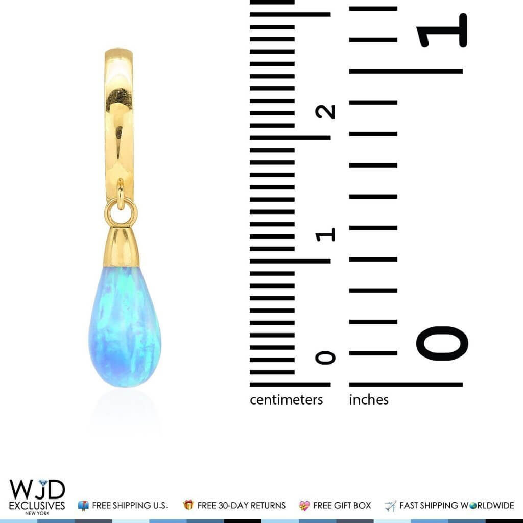 14K Yellow Gold Pear Shaped Sky Blue Fire Opal Huggie Hoop Dangle Earrings 1"