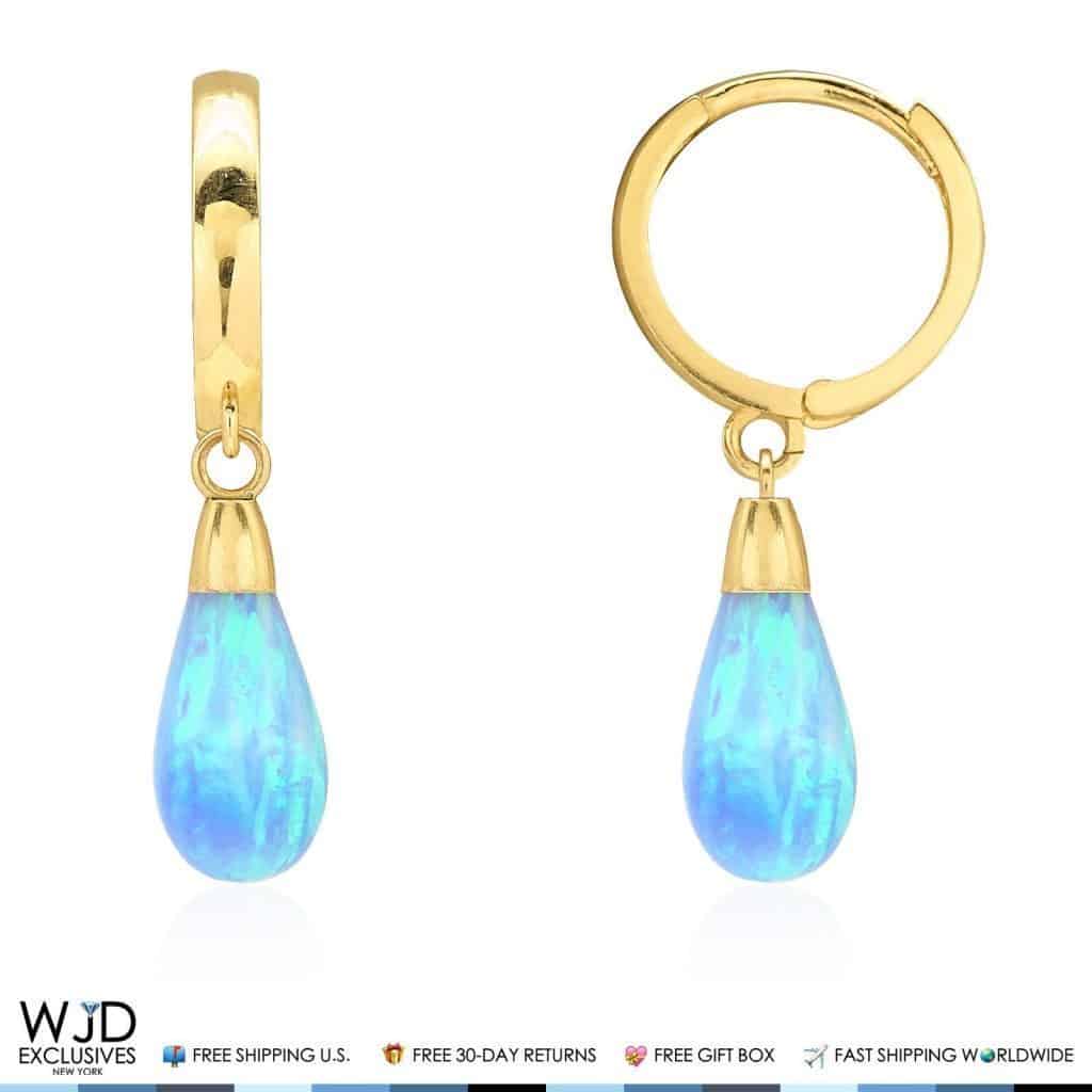 14K Yellow Gold Pear Shaped Sky Blue Fire Opal Huggie Hoop Dangle Earrings 1"