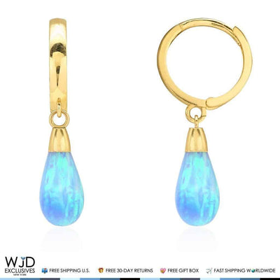 14K Yellow Gold Pear Shaped Sky Blue Fire Opal Huggie Hoop Dangle Earrings 1"