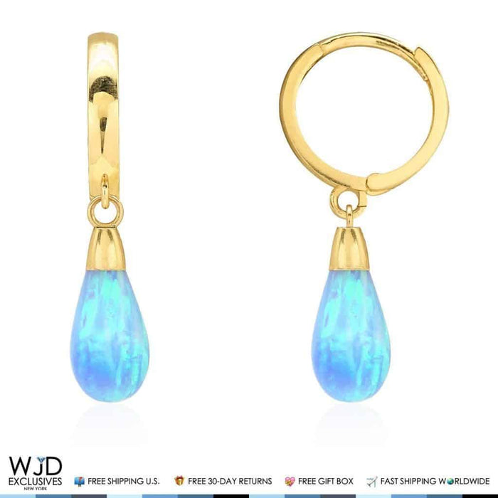 14K Yellow Gold Pear Shaped Sky Blue Fire Opal Huggie Hoop Dangle Earrings 1"