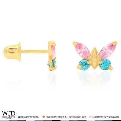 14K Yellow & White Gold Multicolor Gemstone Butterfly Screw Back Stud Earrings