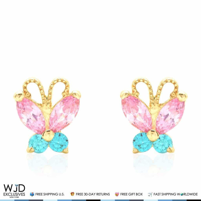 14K Yellow Gold Pink Tourmaline Blue Topaz Butterfly Screw Back Stud Earrings